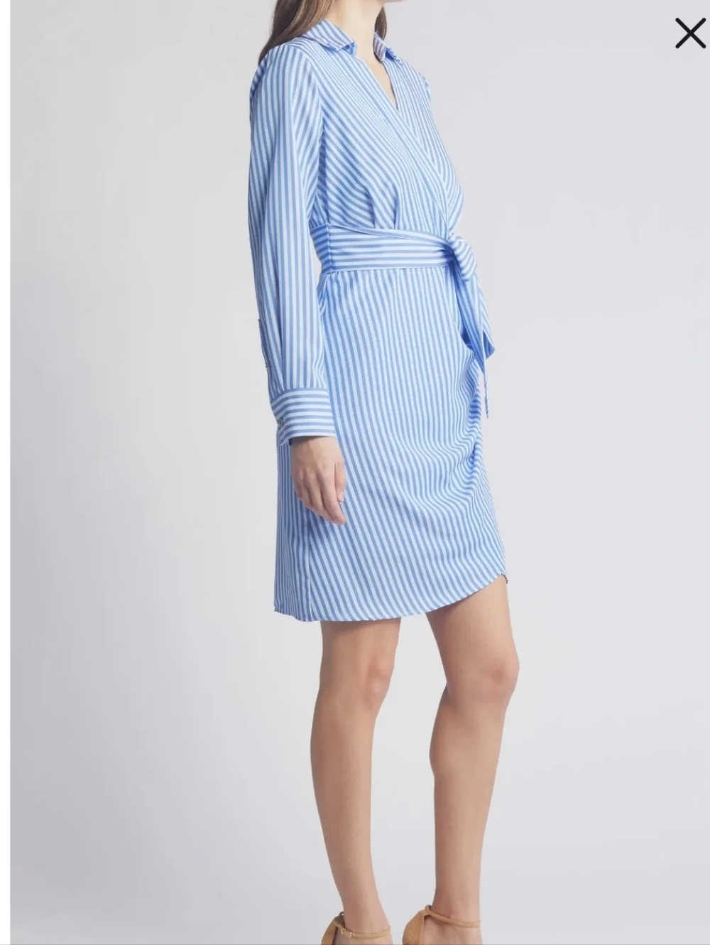 Tahari ASL Striped Wrap Shirtdress in Light Blue - Picture 3 of 11
